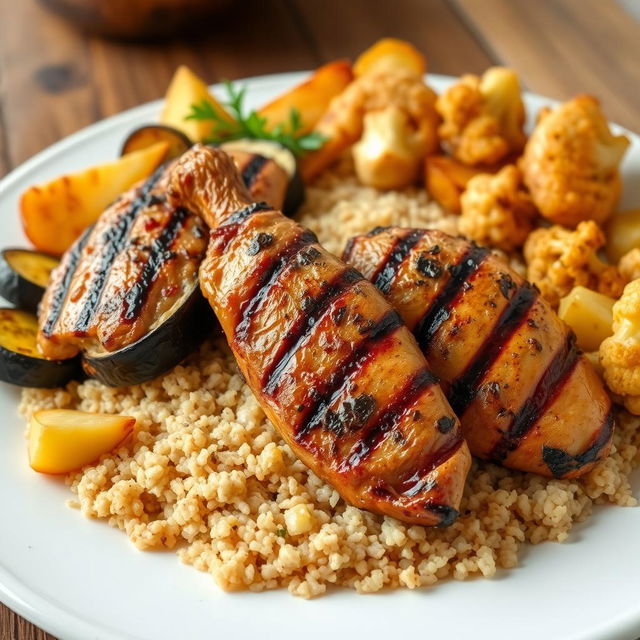 A delicious platter featuring a combination of fried eggplant slices, golden fried potato wedges, and crispy fried cauliflower florets, all beautifully nestled under a generous serving of cooked bulgur wheat