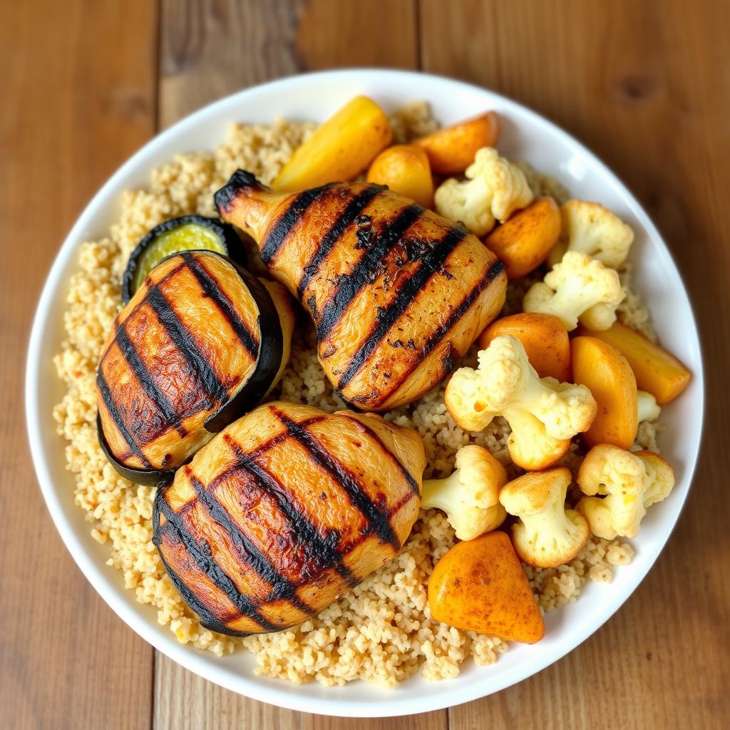 A delicious platter featuring a combination of fried eggplant slices, golden fried potato wedges, and crispy fried cauliflower florets, all beautifully nestled under a generous serving of cooked bulgur wheat