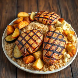 A delicious platter featuring a combination of fried eggplant slices, golden fried potato wedges, and crispy fried cauliflower florets, all beautifully nestled under a generous serving of cooked bulgur wheat