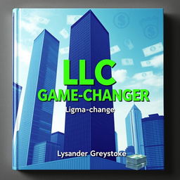A flat book cover design featuring a realistic cityscape with tall skyscrapers, symbolizing business success and growth