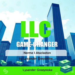 A flat book cover design featuring a realistic cityscape with tall skyscrapers, symbolizing business success and growth