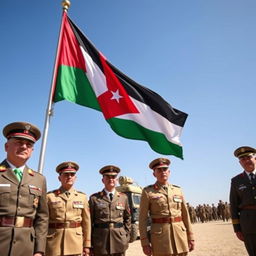 A vivid scene at an outdoor military ceremony showcasing the flag of Jordan waving majestically