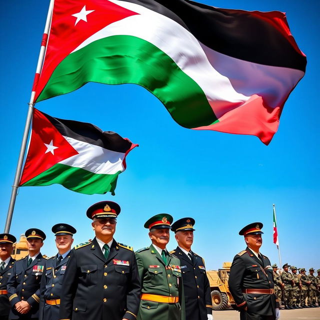 A vivid scene at an outdoor military ceremony showcasing the flag of Jordan waving majestically