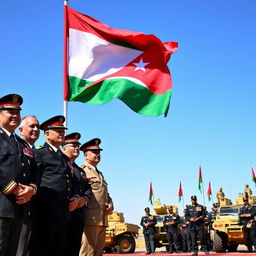 A vivid scene at an outdoor military ceremony showcasing the flag of Jordan waving majestically