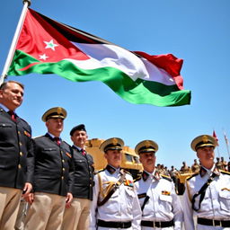 A vivid scene at an outdoor military ceremony showcasing the flag of Jordan waving majestically