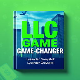 A flat book cover design featuring a realistic cityscape with skyscrapers representing business success and growth in the background
