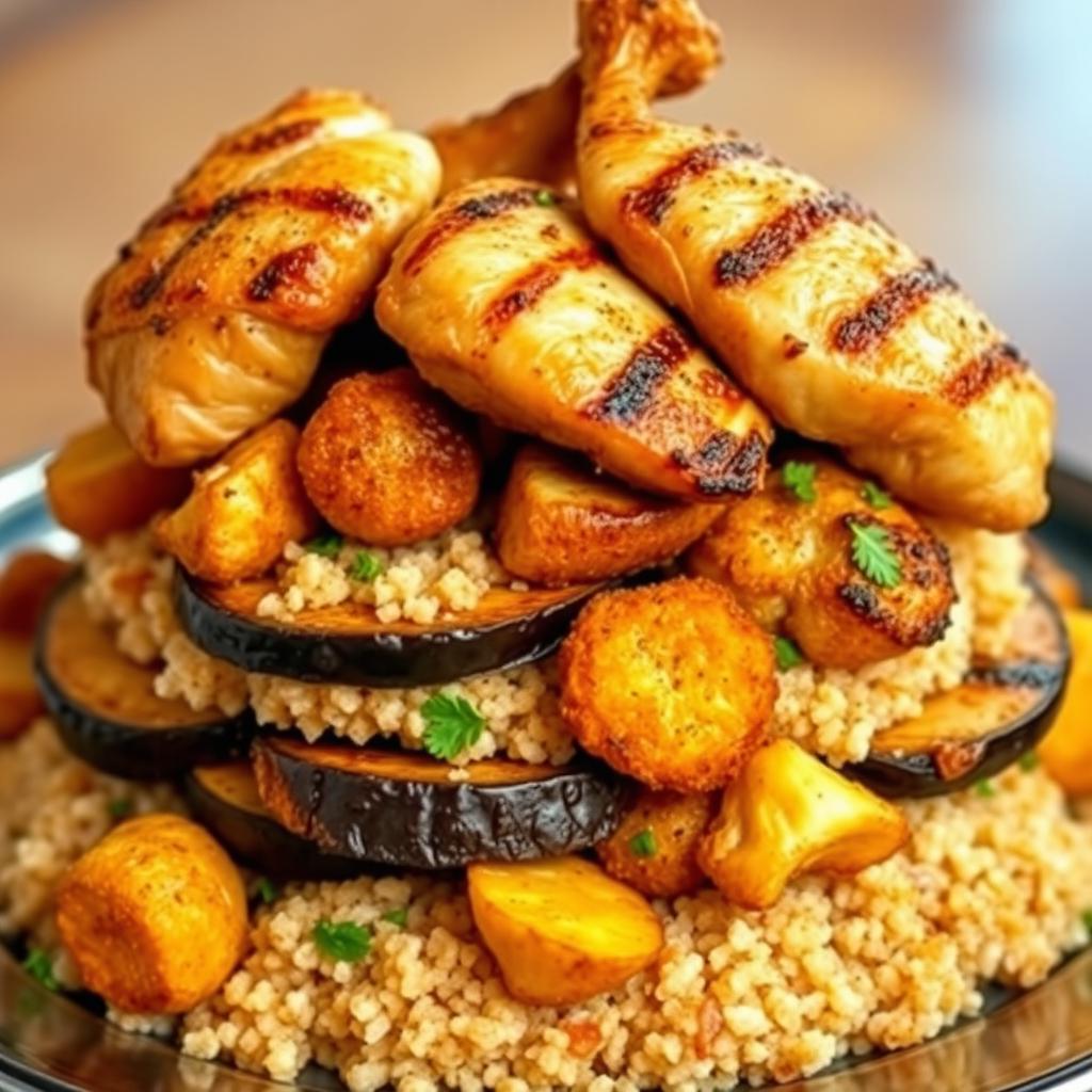 A side view of a beautifully arranged Arabic dish featuring layers of golden fried eggplant slices, crispy fried potato wedges, and deep-fried cauliflower florets, all beautifully nestled beneath a generous mound of fluffy cooked bulgur wheat