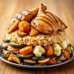 A side view of a beautifully arranged Arabic dish featuring layers of golden fried eggplant slices, crispy fried potato wedges, and deep-fried cauliflower florets, all beautifully nestled beneath a generous mound of fluffy cooked bulgur wheat