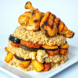 A side view of a beautifully arranged Arabic dish featuring layers of golden fried eggplant slices, crispy fried potato wedges, and deep-fried cauliflower florets, all beautifully nestled beneath a generous mound of fluffy cooked bulgur wheat