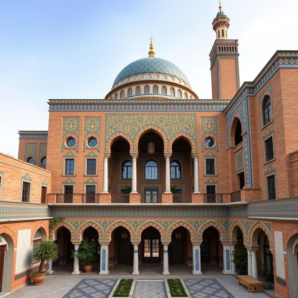 An exterior view of a residential building designed in Safavid architectural style, featuring a large dome, tall minarets, and intricate tile work in golden and blue patterns, with brick details