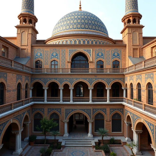 An exterior view of a residential building designed in Safavid architectural style, featuring a large dome, tall minarets, and intricate tile work in golden and blue patterns, with brick details