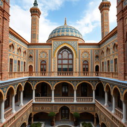 An exterior view of a residential building designed in Safavid architectural style, featuring a large dome, tall minarets, and intricate tile work in golden and blue patterns, with brick details
