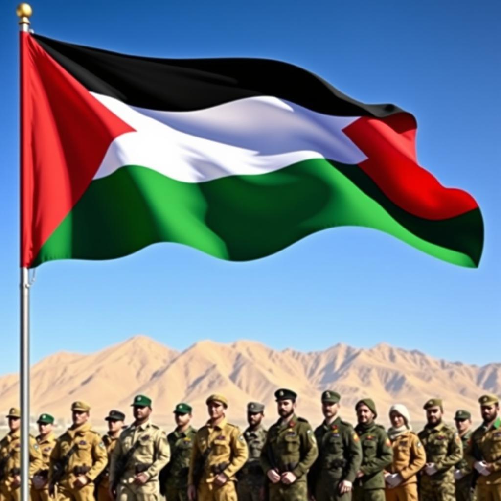 A vibrant depiction of the Jordanian flag waving proudly in the foreground, with a group of diverse soldiers standing at attention, dressed in modern military uniforms