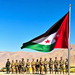 A vibrant depiction of the Jordanian flag waving proudly in the foreground, with a group of diverse soldiers standing at attention, dressed in modern military uniforms