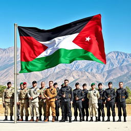 A vibrant depiction of the Jordanian flag waving proudly in the foreground, with a group of diverse soldiers standing at attention, dressed in modern military uniforms