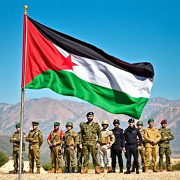 A vibrant depiction of the Jordanian flag waving proudly in the foreground, with a group of diverse soldiers standing at attention, dressed in modern military uniforms