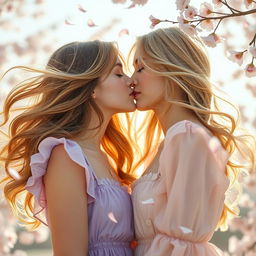 A close-up shot of two girls gracefully kissing, surrounded by a dreamy, romantic backdrop of soft pastel colors