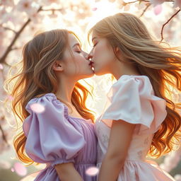 A close-up shot of two girls gracefully kissing, surrounded by a dreamy, romantic backdrop of soft pastel colors