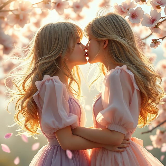 A close-up shot of two girls gracefully kissing, surrounded by a dreamy, romantic backdrop of soft pastel colors