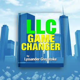 A flat book cover design with a realistic cityscape background featuring towering skyscrapers symbolizing business success and growth
