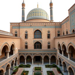 An exterior view of a residential building in Safavid architectural style, featuring a large dome, tall minarets, and patterned tile work with golden and blue colors, with brick as a primary material