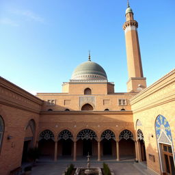 An exterior view of a residential building in Safavid architectural style, featuring a large dome, tall minarets, and patterned tile work with golden and blue colors, with brick as a primary material