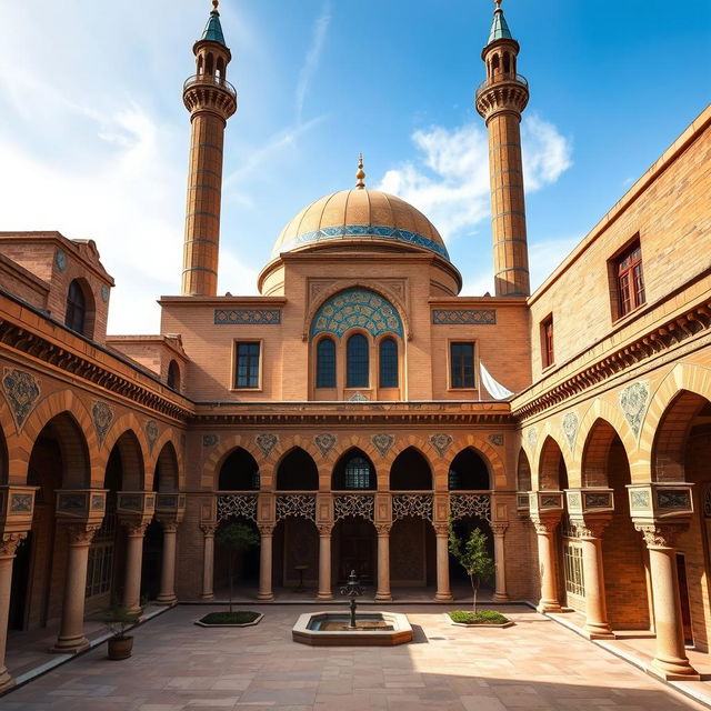 An exterior view of a residential building in Safavid architectural style, featuring a large dome, tall minarets, and patterned tile work with golden and blue colors, with brick as a primary material