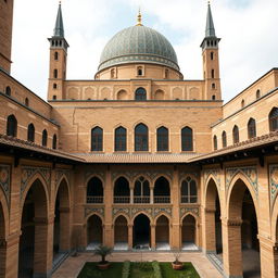 An exterior view of a residential building in Safavid architectural style, featuring a large dome, tall minarets, and patterned tile work with golden and blue colors, with brick as a primary material
