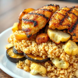 A side view of a delicious dish featuring layers of golden-brown fried eggplant slices, crispy fried potato slices, and crunchy fried cauliflower pieces, all beautifully hidden beneath fluffy cooked bulgur