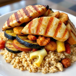 A side view of a delicious dish featuring layers of golden-brown fried eggplant slices, crispy fried potato slices, and crunchy fried cauliflower pieces, all beautifully hidden beneath fluffy cooked bulgur