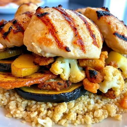 A side view of a delicious dish featuring layers of golden-brown fried eggplant slices, crispy fried potato slices, and crunchy fried cauliflower pieces, all beautifully hidden beneath fluffy cooked bulgur