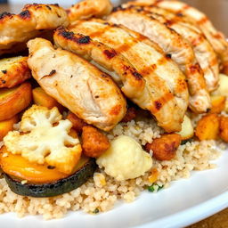 A side view of a delicious dish featuring layers of golden-brown fried eggplant slices, crispy fried potato slices, and crunchy fried cauliflower pieces, all beautifully hidden beneath fluffy cooked bulgur