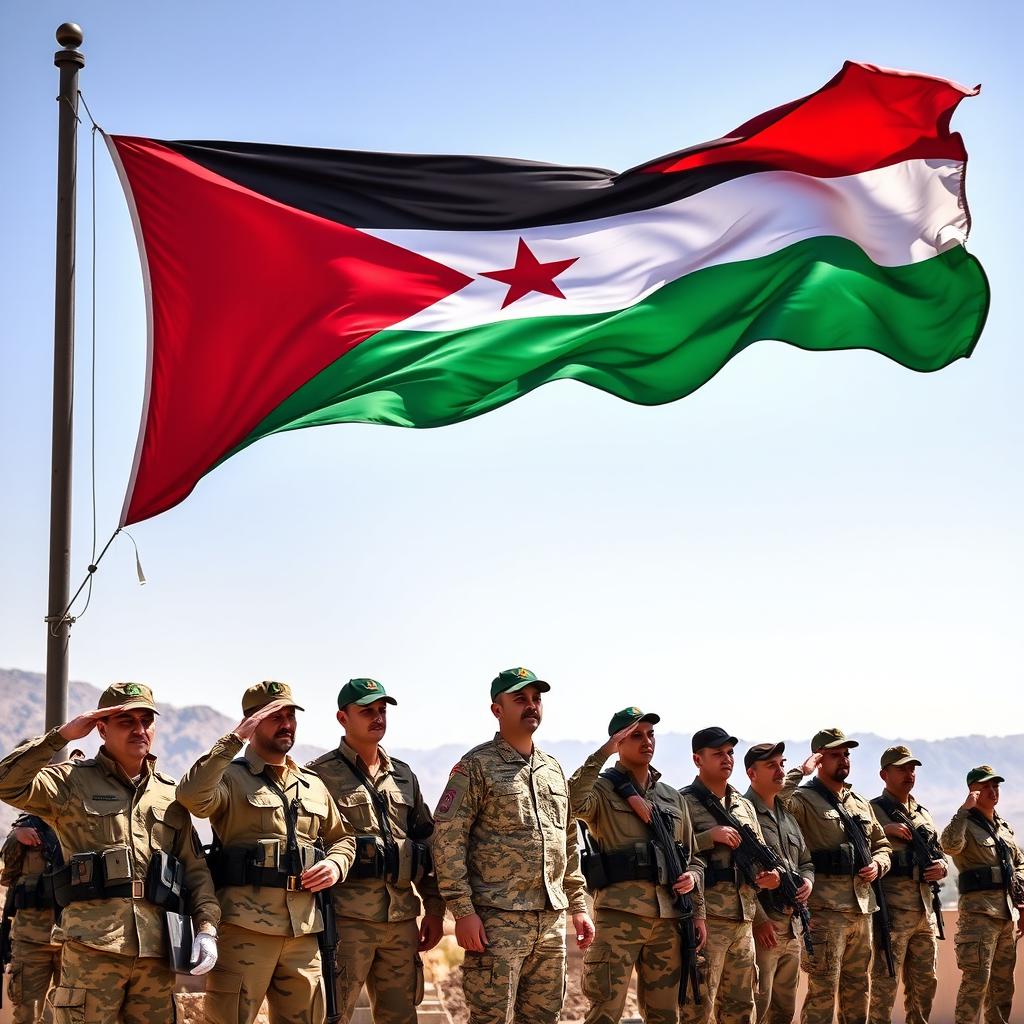 A dynamic scene featuring a group of soldiers standing proudly in front of the Jordanian flag, which is waving beautifully in the background