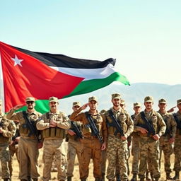 A dynamic scene featuring a group of soldiers standing proudly in front of the Jordanian flag, which is waving beautifully in the background