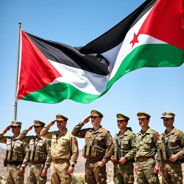 A dynamic scene featuring a group of soldiers standing proudly in front of the Jordanian flag, which is waving beautifully in the background