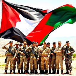 A dynamic scene featuring a group of soldiers standing proudly in front of the Jordanian flag, which is waving beautifully in the background