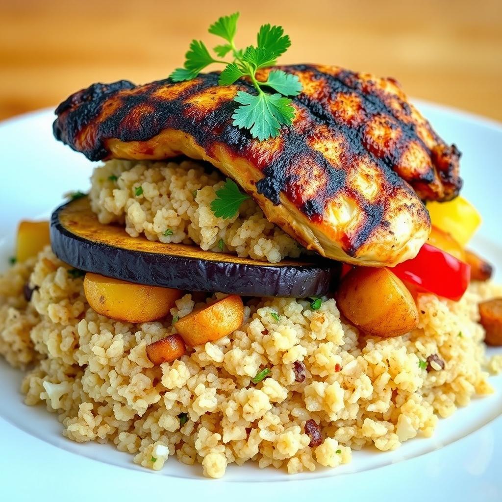 A delicious side view of a traditional dish featuring layers of fried eggplant, fried potatoes, and fried cauliflower, all beautifully hidden beneath a fluffy mound of cooked bulgur wheat