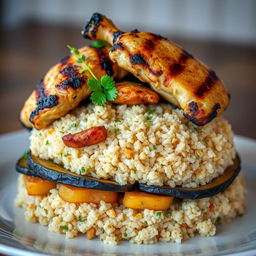 A delicious side view of a traditional dish featuring layers of fried eggplant, fried potatoes, and fried cauliflower, all beautifully hidden beneath a fluffy mound of cooked bulgur wheat