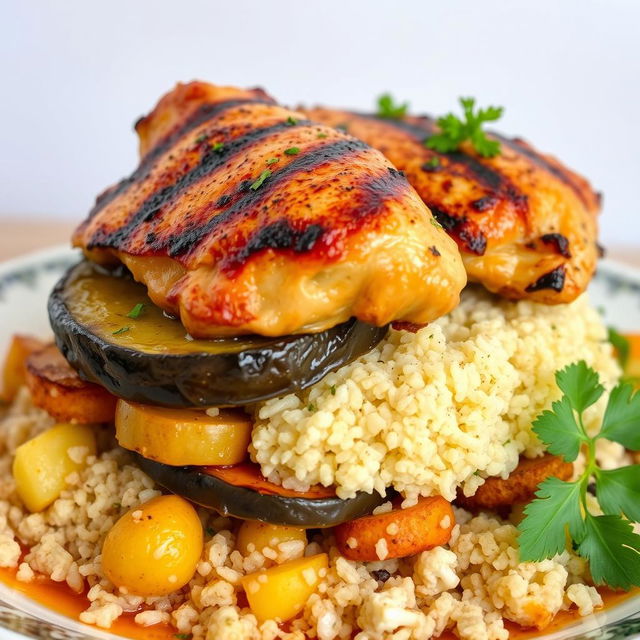 A delicious side view of a traditional dish featuring layers of fried eggplant, fried potatoes, and fried cauliflower, all beautifully hidden beneath a fluffy mound of cooked bulgur wheat