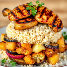 A delicious side view of a traditional dish featuring layers of fried eggplant, fried potatoes, and fried cauliflower, all beautifully hidden beneath a fluffy mound of cooked bulgur wheat