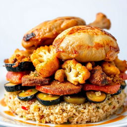 A side view of a beautifully arranged dish featuring layers of cooked bulgur topped with various fried vegetables, including slices of fried eggplant, fried potato, and fried cauliflower, all partially hidden beneath the bulgur