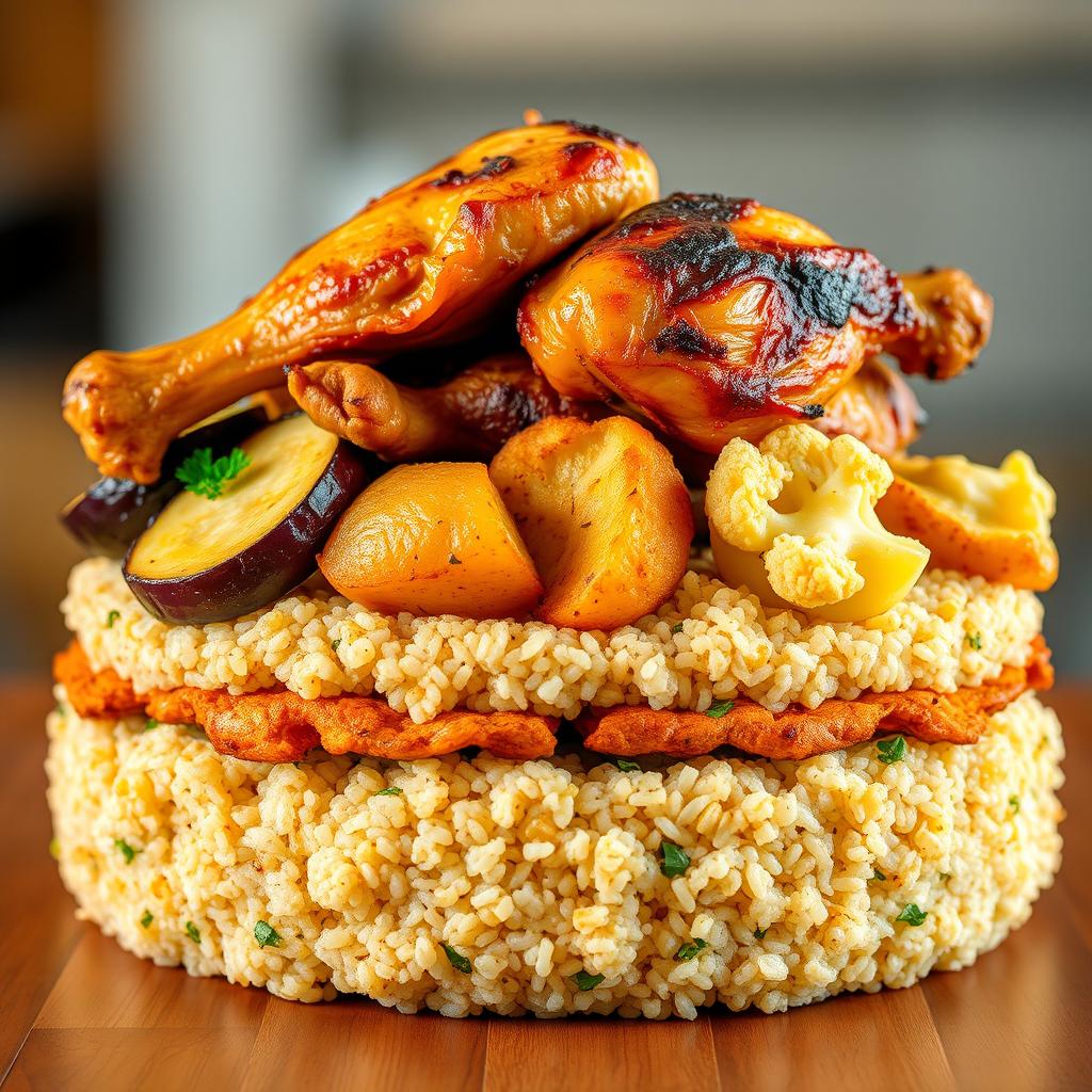 A side view of a beautifully arranged dish featuring layers of cooked bulgur topped with various fried vegetables, including slices of fried eggplant, fried potato, and fried cauliflower, all partially hidden beneath the bulgur