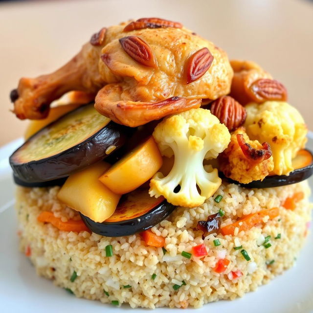 A side view of a beautifully arranged dish featuring layers of cooked bulgur topped with various fried vegetables, including slices of fried eggplant, fried potato, and fried cauliflower, all partially hidden beneath the bulgur