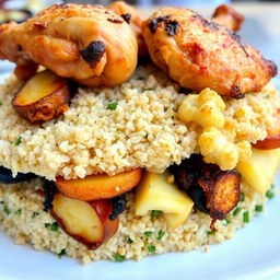 A side view of a beautifully arranged dish featuring layers of cooked bulgur topped with various fried vegetables, including slices of fried eggplant, fried potato, and fried cauliflower, all partially hidden beneath the bulgur
