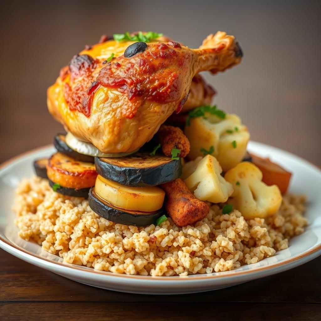 A side view of a beautifully arranged dish featuring a layered presentation