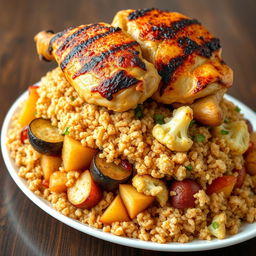 A beautifully arranged side view of a dish featuring a mixture of fried eggplant slices, fried potato slices, and fried cauliflower pieces, all layered under a generous amount of cooked bulgur