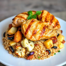 A beautifully arranged side view of a dish featuring a mixture of fried eggplant slices, fried potato slices, and fried cauliflower pieces, all layered under a generous amount of cooked bulgur