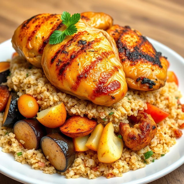 A beautifully arranged side view of a dish featuring a mixture of fried eggplant slices, fried potato slices, and fried cauliflower pieces, all layered under a generous amount of cooked bulgur