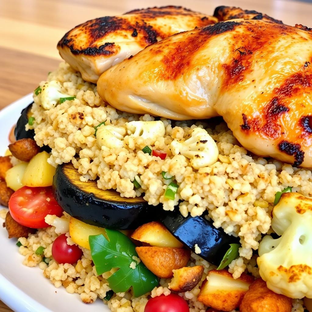 A beautifully arranged side view of a dish featuring a mixture of fried eggplant slices, fried potato slices, and fried cauliflower pieces, all layered under a generous amount of cooked bulgur