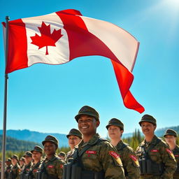 A vibrant and detailed scene featuring the Canadian flag waving proudly in the foreground, with several soldiers in full combat gear standing at attention